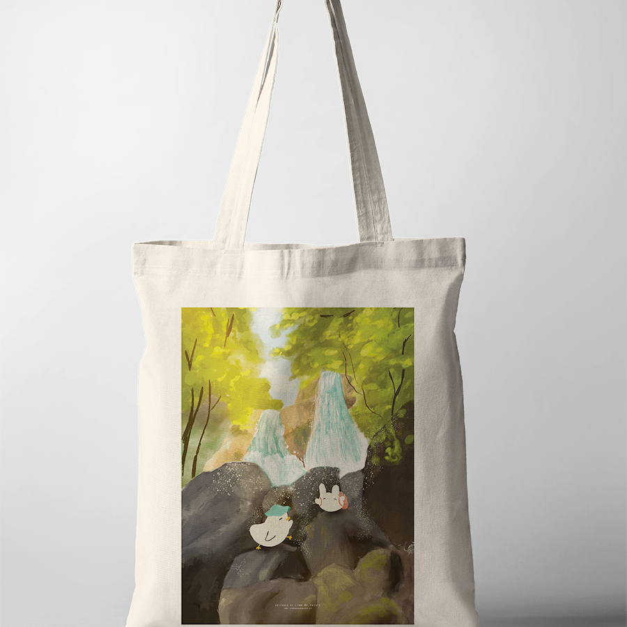 Christian tote bag featuring a peaceful forest waterfall illustration with two ducks resting on rocks, inspired by faith and God’s peace in nature.