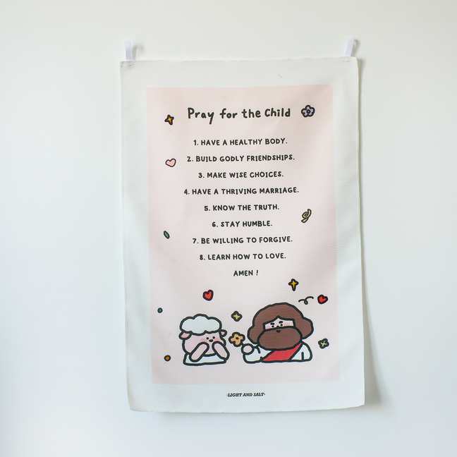 Christian wall art "Pray for the Child" with prayer points and cute Jesus and sheep illustration