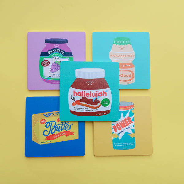 Colourful LOVE SUPERMARKET Christian coaster collection