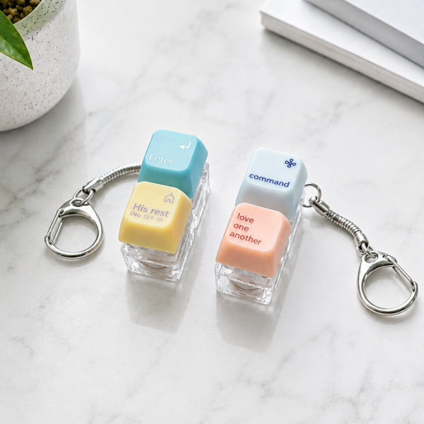 Enter His Rest and Command Love One Another double keycap keychains displayed on a desk