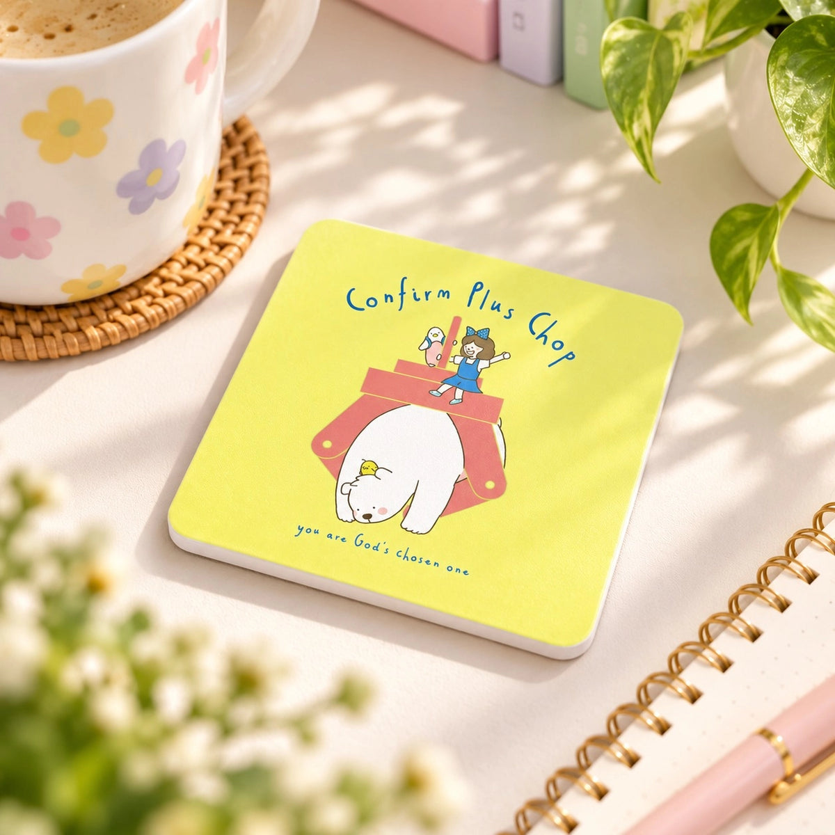 Confirm Plus Chop Christian wooden coaster with the message “you are God’s chosen one” displayed on a bright desk.