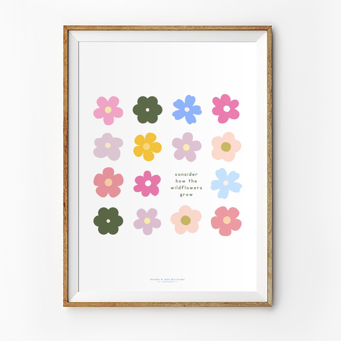 Cheerful "Consider How the Wildflowers Grow" poster by Littlulines featuring colorful minimalist flower illustrations, inspiring simple happiness and faith for Christian home decor.