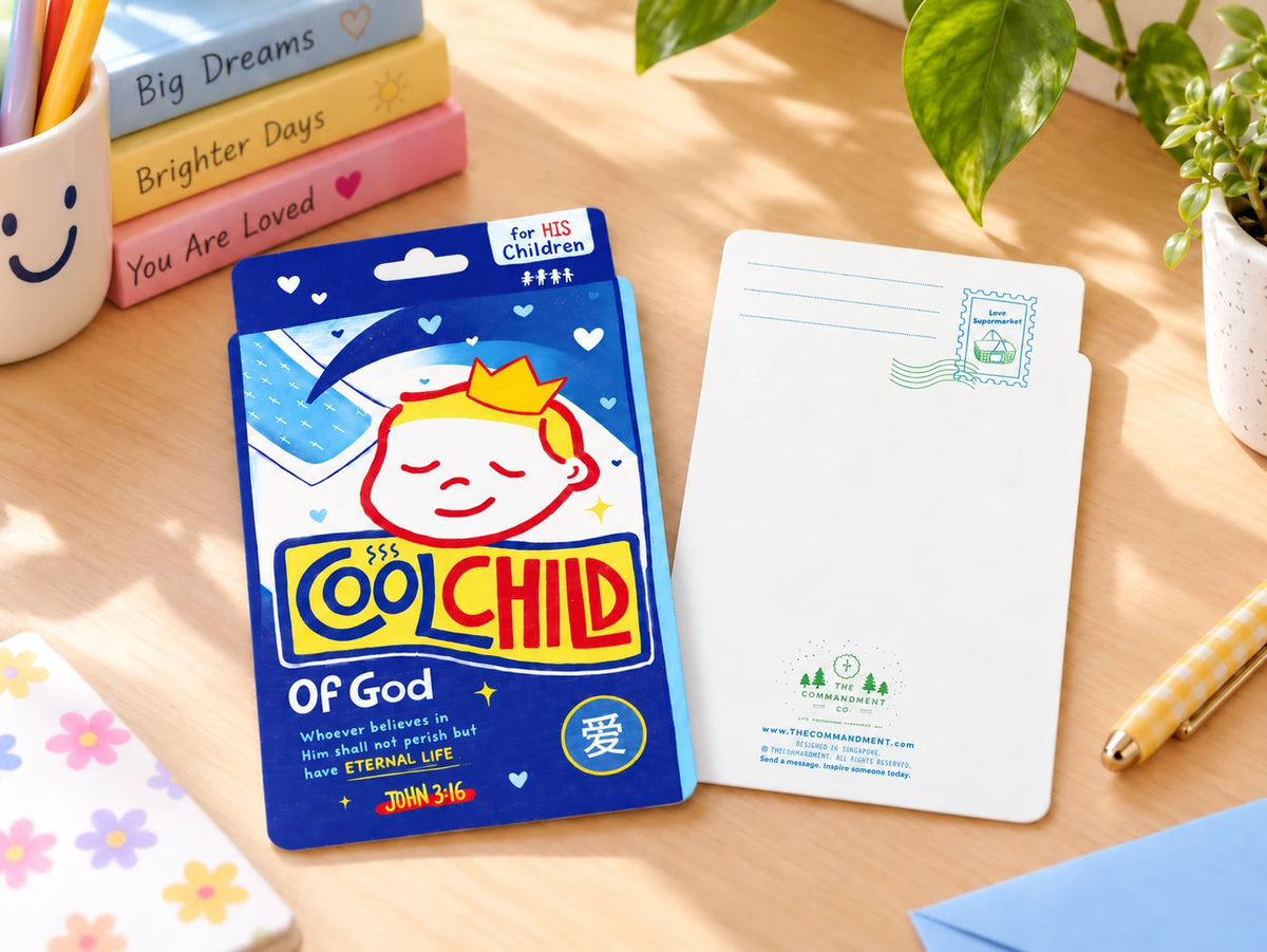 Cool Child of God Fever Patch LOVE SUPERMARKET card showing front and back on a bright wooden desk