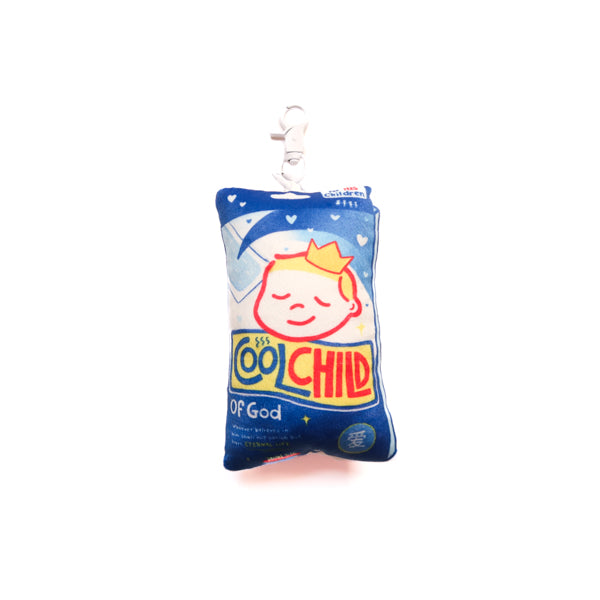 Cool Child of God Fever Patch plushie keychain with blue packet design and clip.