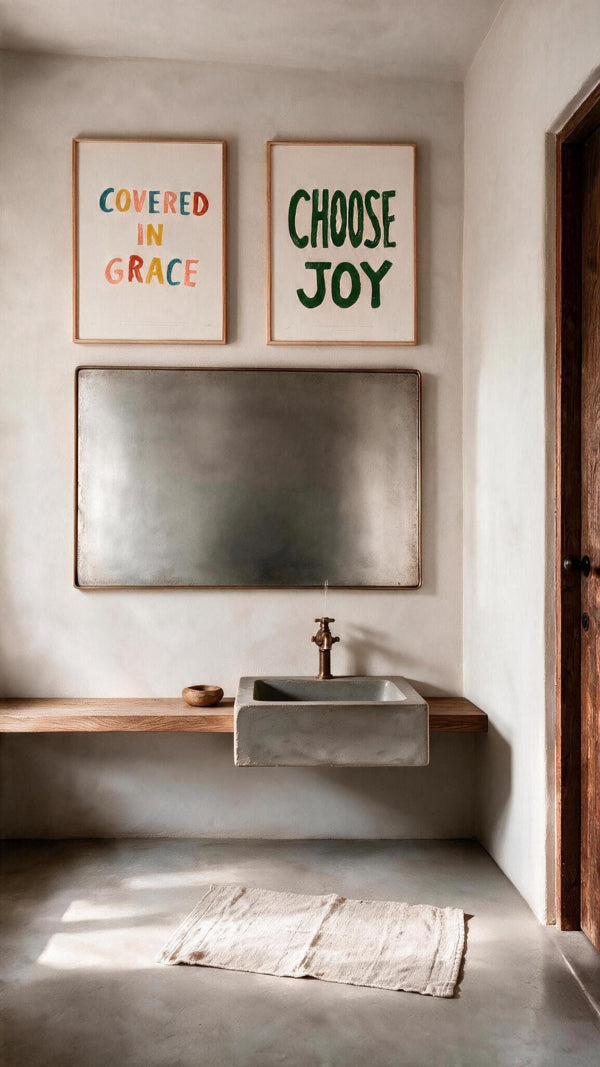 Covered in Grace Christian poster styled beside the separately sold Choose Joy poster in a warm neutral bathroom