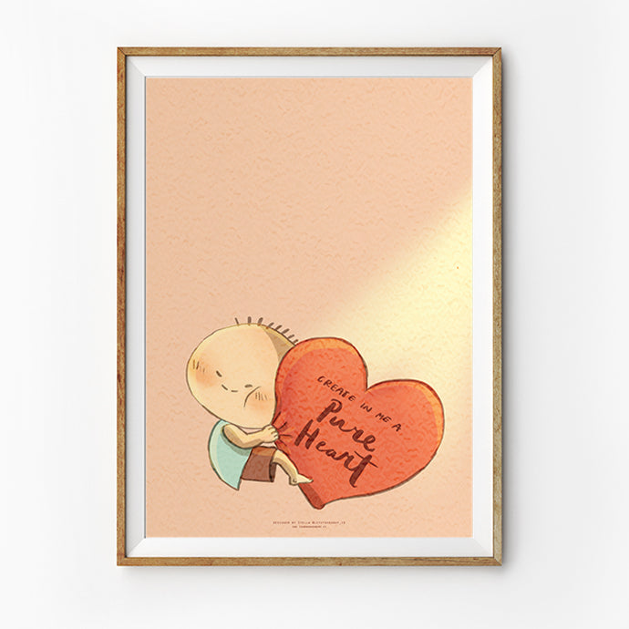 Christian wall art poster featuring a cute character hugging a large heart with the words “Create in me a pure heart,” inspired by Psalm 51:10 (NLT). Soft, encouraging Bible-themed illustration for home decor.