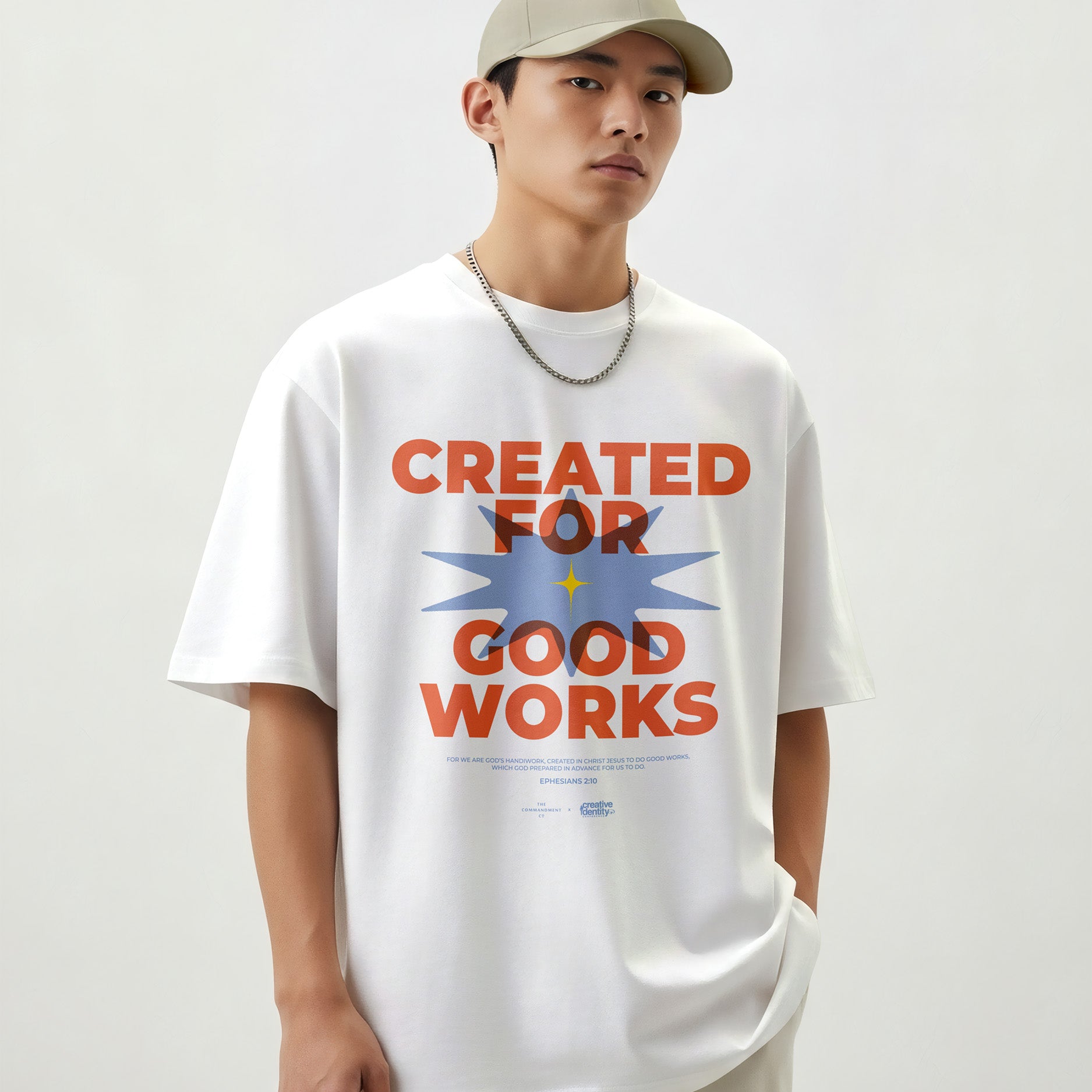 Male model wearing the “Created for Good Works” Christian t-shirt, a faith-based design created in collaboration with YWAM for the Creative Identity Conference.