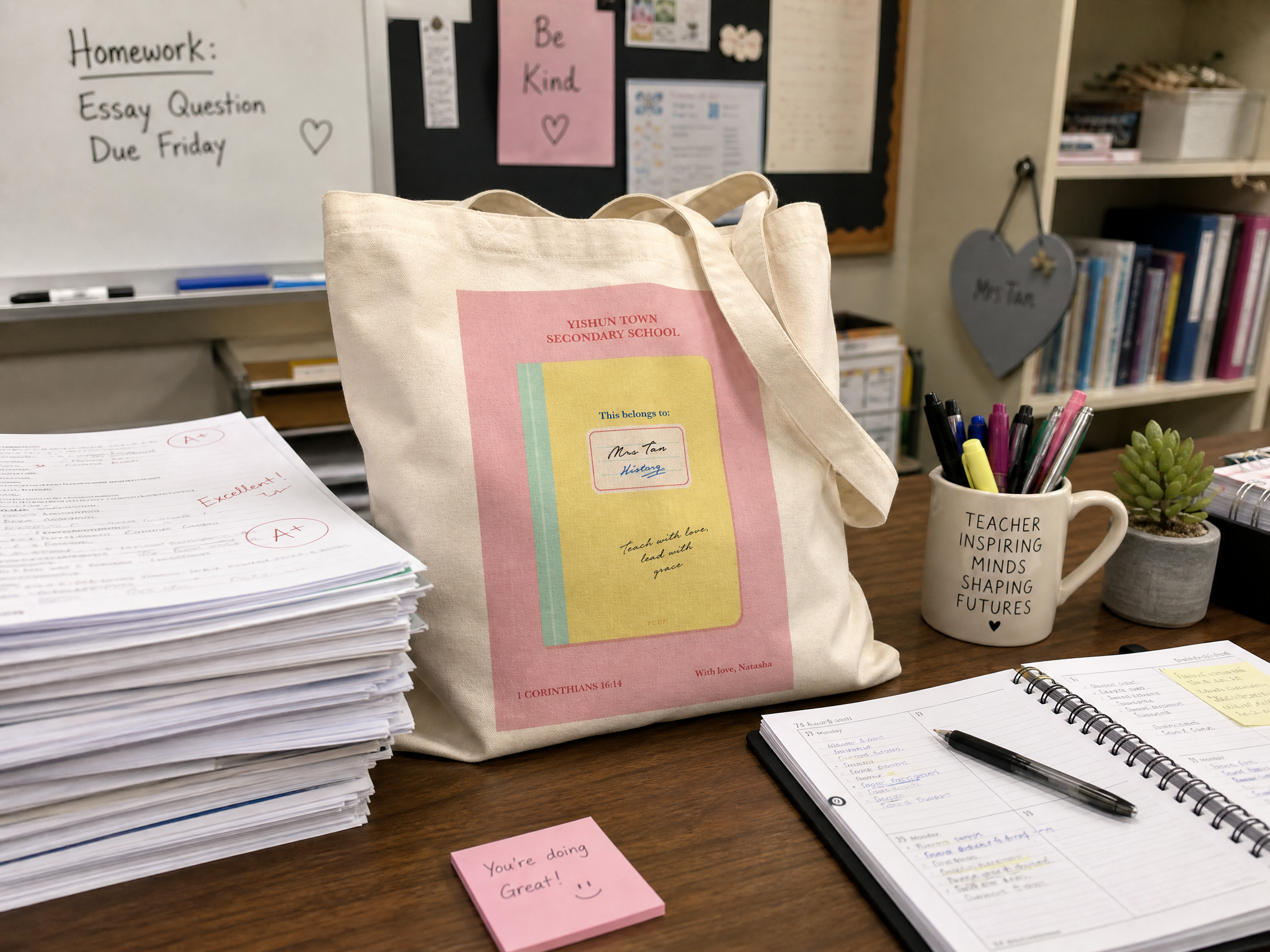 Customisable Teacher’s Day tote bag styled in a classroom setting with personalised notebook-inspired design
Alternative shorter file names: