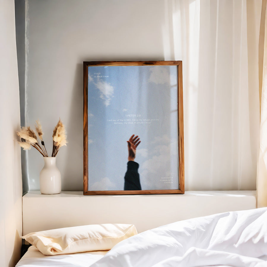 Customisable baptism poster featuring 1 Peter 2:9 with a hand reaching towards the sky, symbolizing faith and trust, a meaningful baptism gift from The Commandment Co, Singapore's Christian gifts store.