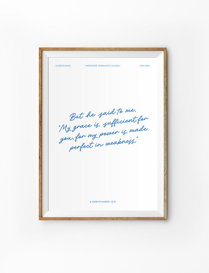 Customisable baptism poster featuring the empowering verse from 2 Corinthians 12:9, "My grace is sufficient for you," a thoughtful baptism gift from The Commandment Co, Singapore's Christian gifts store.