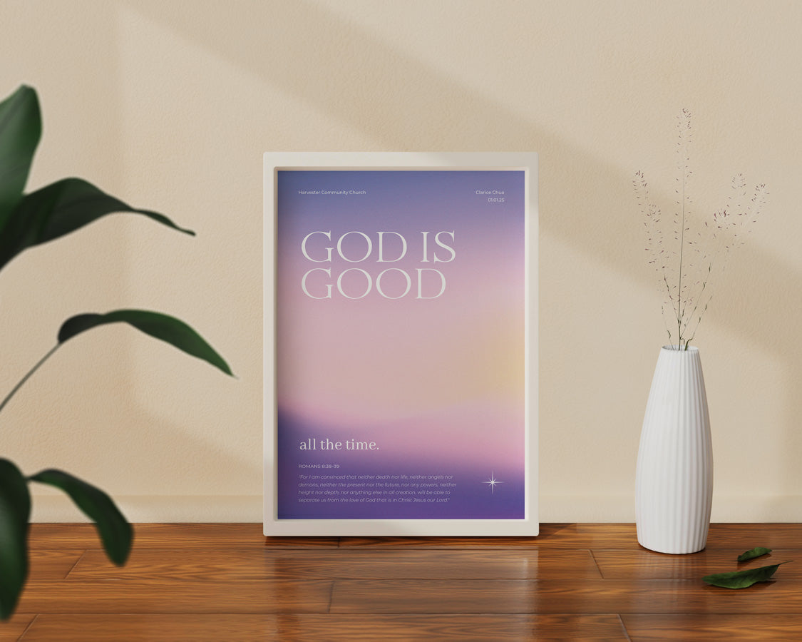 Customisable baptism poster with the uplifting message "God is Good" and Romans 8:38-39, featuring a serene gradient design, a perfect baptism gift from The Commandment Co, Singapore's Christian gifts store.
