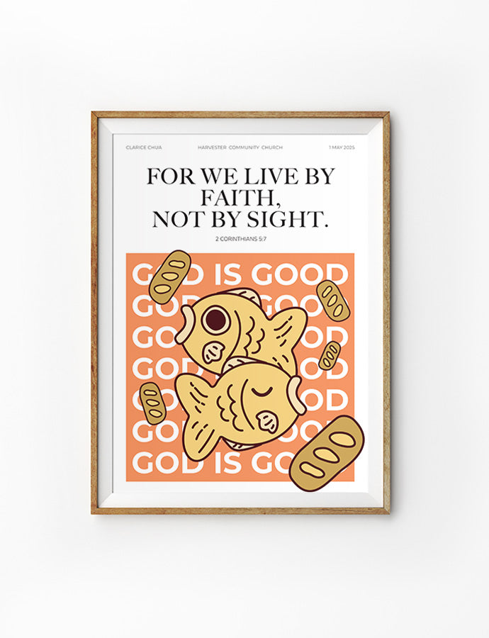 Customisable baptism poster featuring the uplifting phrase "God is Good" with playful fish and bread graphics, an ideal baptism gift from The Commandment Co