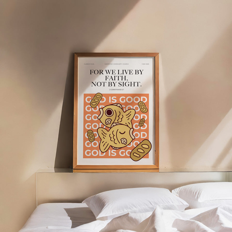 Customisable baptism poster displaying the comforting message "God is Good" alongside fish and bread illustrations, a meaningful baptism gift from The Commandment Co, Singapore's Christian gifts store.