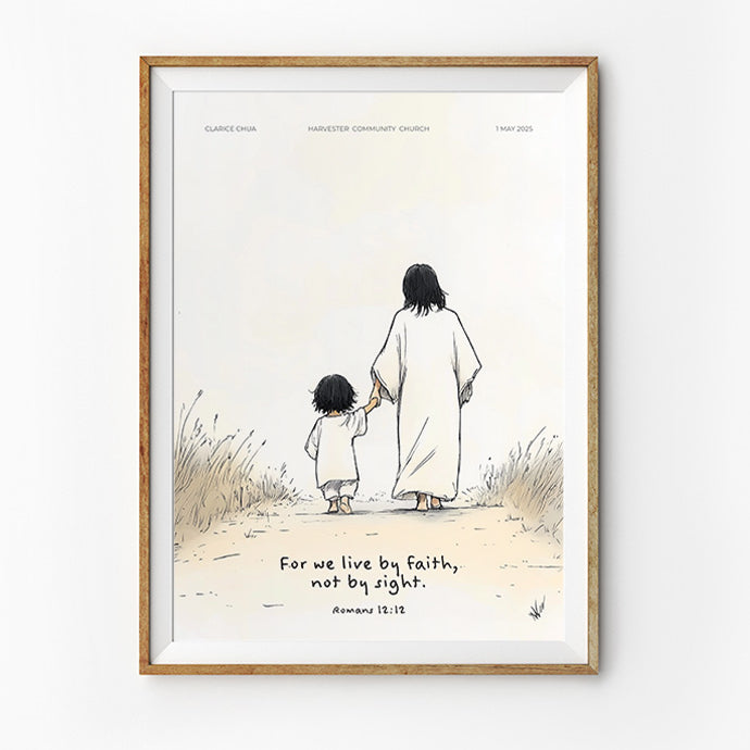 Customisable baptism poster with Jesus and a child illustration, placed on a shelf with decorative items, ideal for baptism gifts from The Commandment Co, Singapore's Christian gifts store.