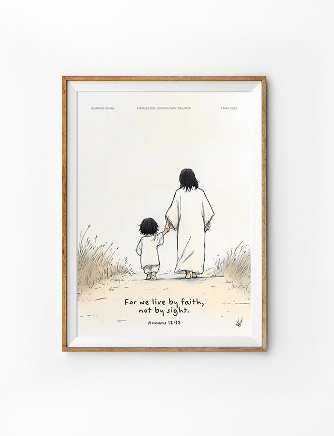 Customisable baptism poster with Jesus and a child illustration, placed on a shelf with decorative items, ideal for baptism gifts from The Commandment Co, Singapore's Christian gifts store.