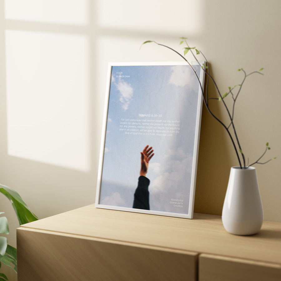 Customisable baptism poster with Romans 8:38-39, featuring a hand reaching towards the sky, symbolizing God's eternal love, a thoughtful baptism gift from The Commandment Co, Singapore's Christian gifts store.