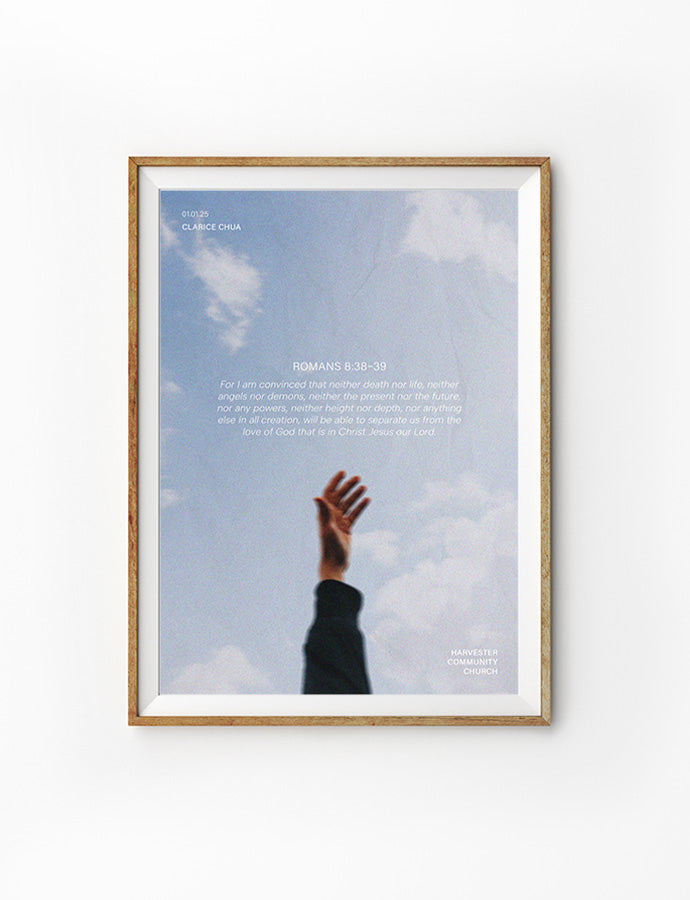 Customisable baptism poster featuring 1 Peter 2:9 with a hand reaching towards the sky, symbolizing faith and trust, a meaningful baptism gift from The Commandment Co, Singapore's Christian gifts store.