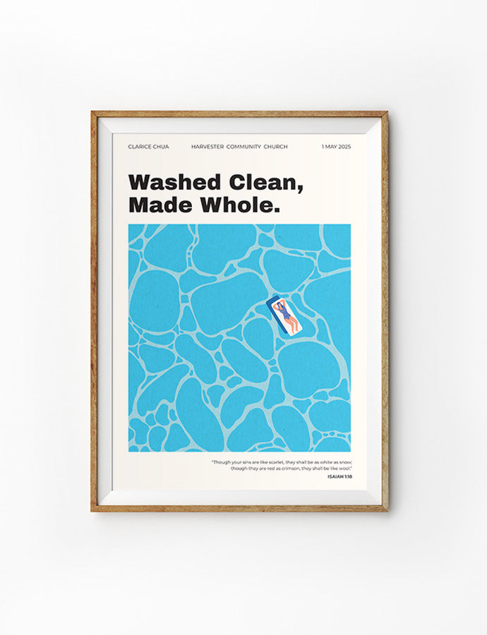 Customisable baptism poster with "Washed Clean, Made Whole" message, featuring a blue water design, a thoughtful baptism gift from The Commandment Co, Singapore's Christian gifts store.