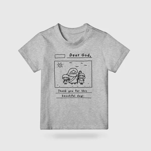 Grey Dear God kids T-shirt featuring a hand-drawn Jesus with two children and a gratitude prayer