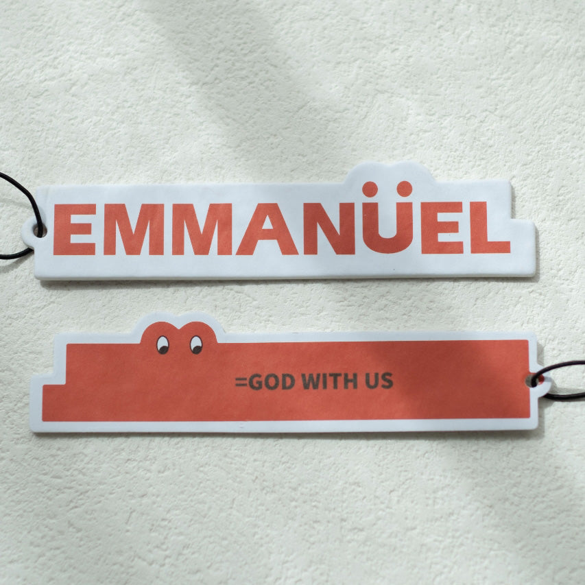 Faith-based scent tags for cars with 'Emmanuel' and 'God With Us' text