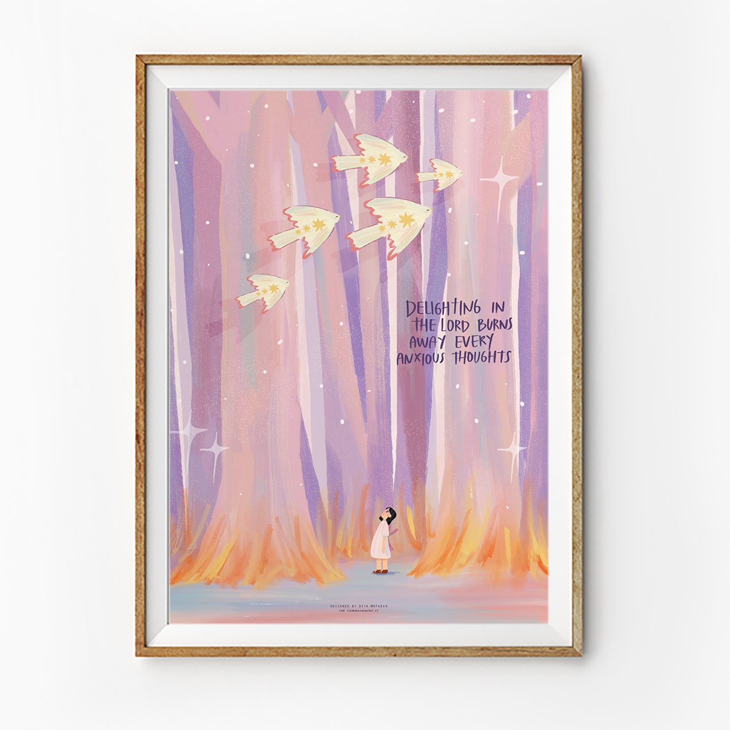 Christian wall art poster featuring pastel forest artwork with birds and the phrase “Delighting in the Lord burns away every anxious thoughts,” in collaboration with Dtheun.