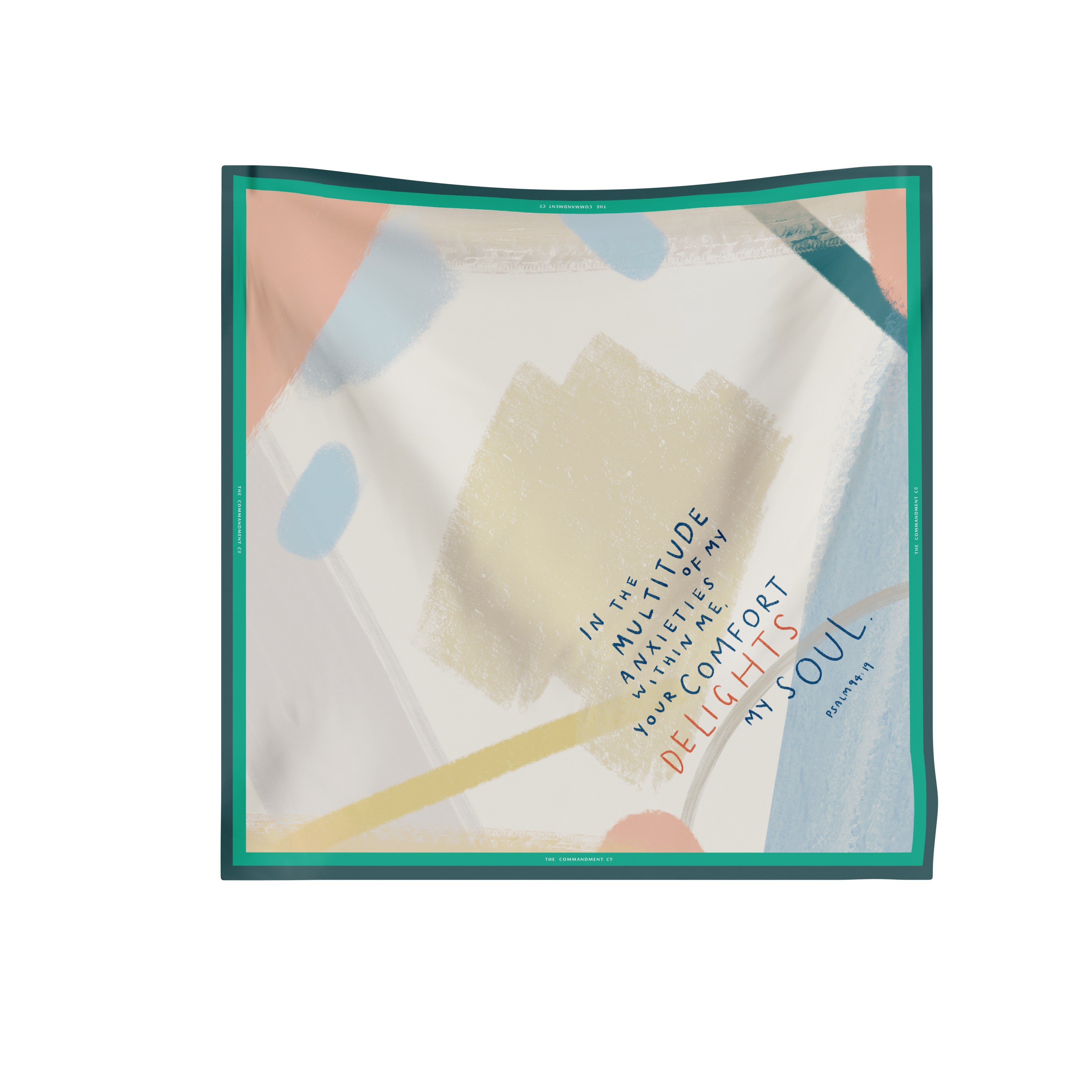 Delights My Soul Psalm 4:7 scarf with abstract pastel print and teal border, square scarf design from The Commandment Co