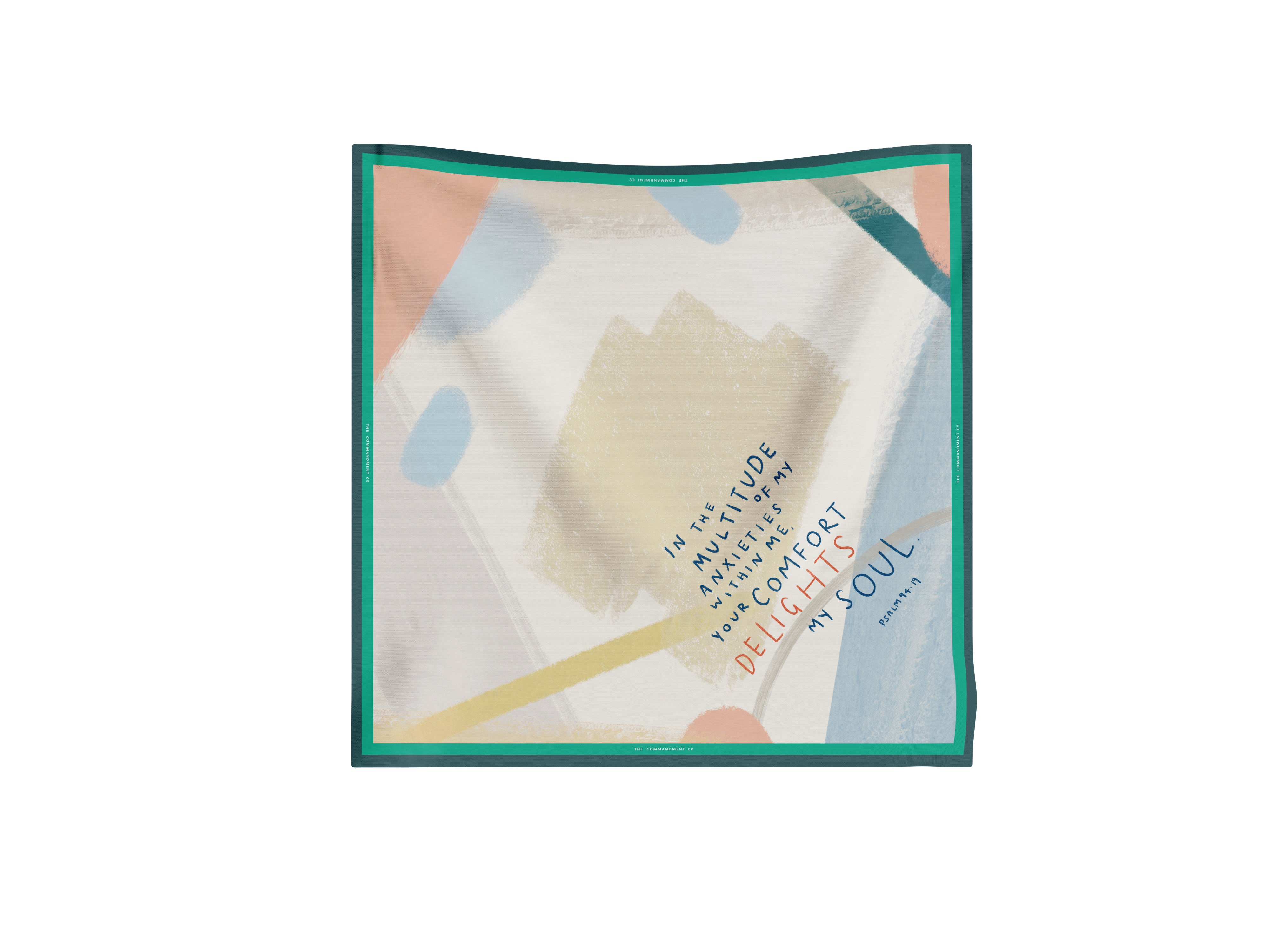Delights My Soul Psalm 4:7 scarf with abstract pastel print and teal border, square scarf design from The Commandment Co