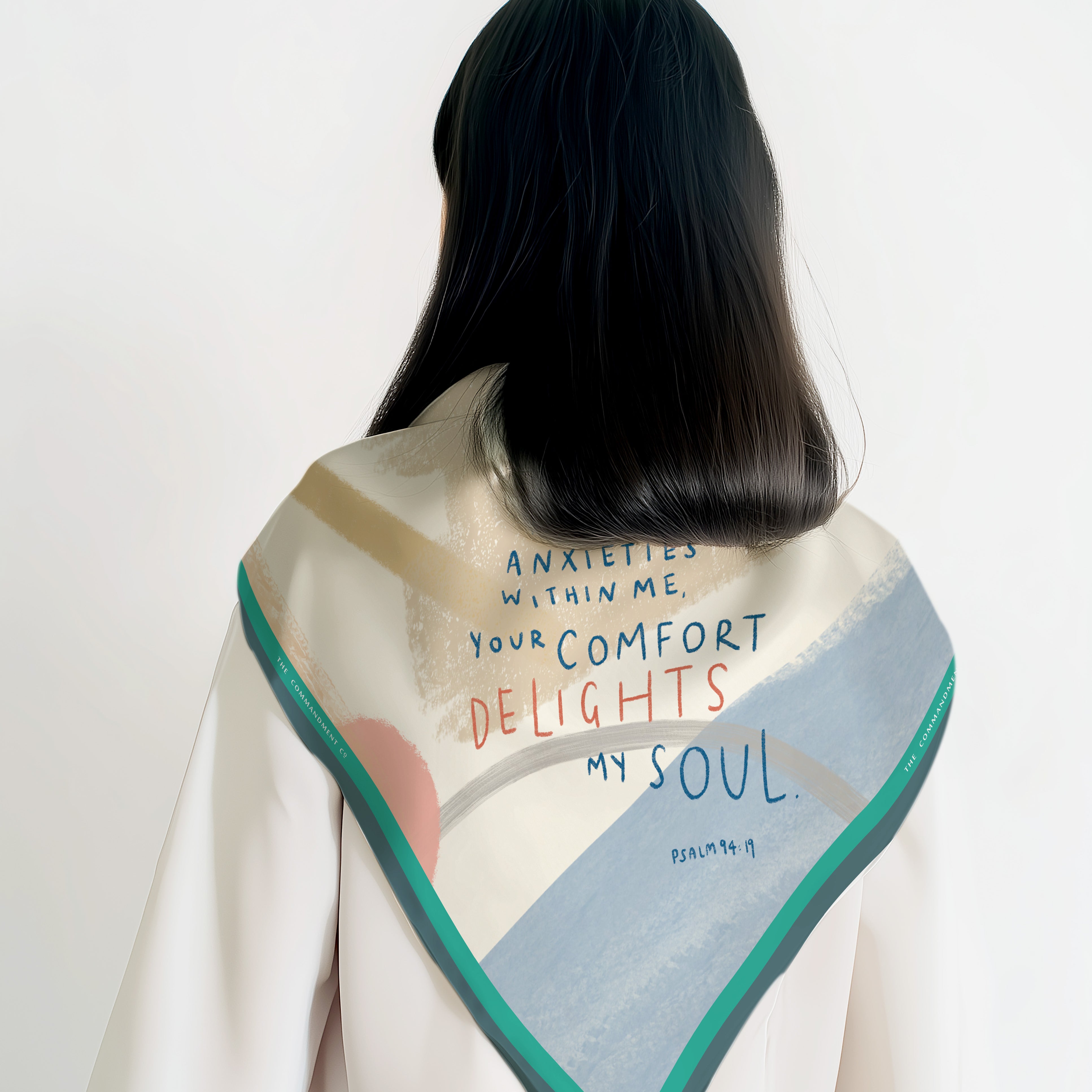 Delights My Soul scarf worn by a model, featuring Psalm 94:19 verse on a pastel abstract background with a teal border.