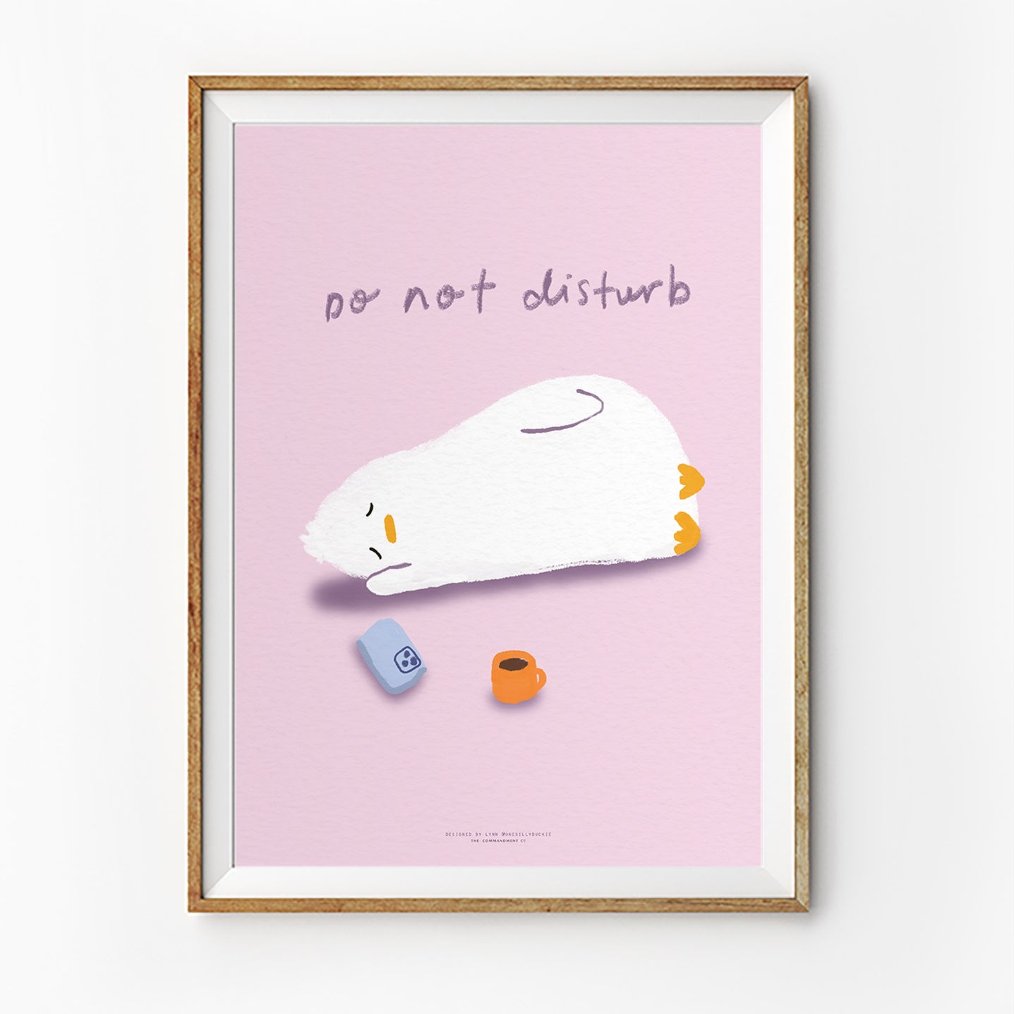 Do Not Disturb Christian wall art featuring a resting duck on a soft pink background, illustrated by Onesillyduckie in collaboration with The Commandment Co, symbolising rest and stillness in God