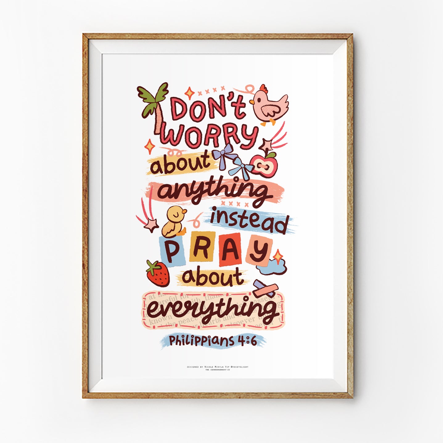 Christian poster featuring Philippians 4:6, “Don’t worry about anything, instead pray about everything,” with colourful illustrated artwork