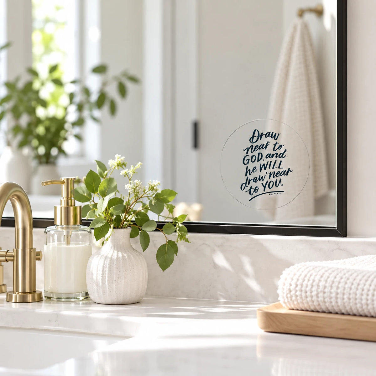 Draw Near to God transparent mirror decal applied to bathroom mirror