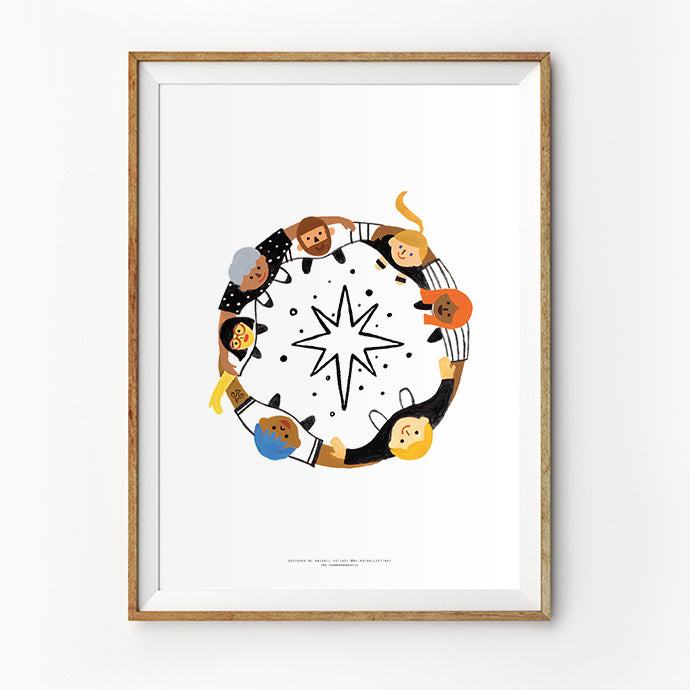 An artistic depiction of a diverse group of individuals holding hands in a circular unity around a central star, symbolizing community and faith. Perfect as a Christian gift available at a Christian Gifts Shop in Singapore.