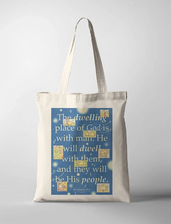 Natural cotton canvas Dwelling Place of God tote bag with blue Revelation 21:3 design
