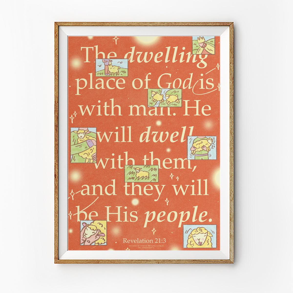 Dwelling Place of God Revelation 21:3 Christian poster in orange with illustrated sheep and bold typography