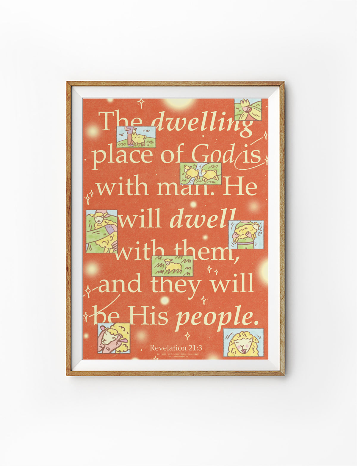 The Dwelling Place of God Revelation 21:3 poster in orange, featuring sheep illustrations and large typography about God dwelling with His people.