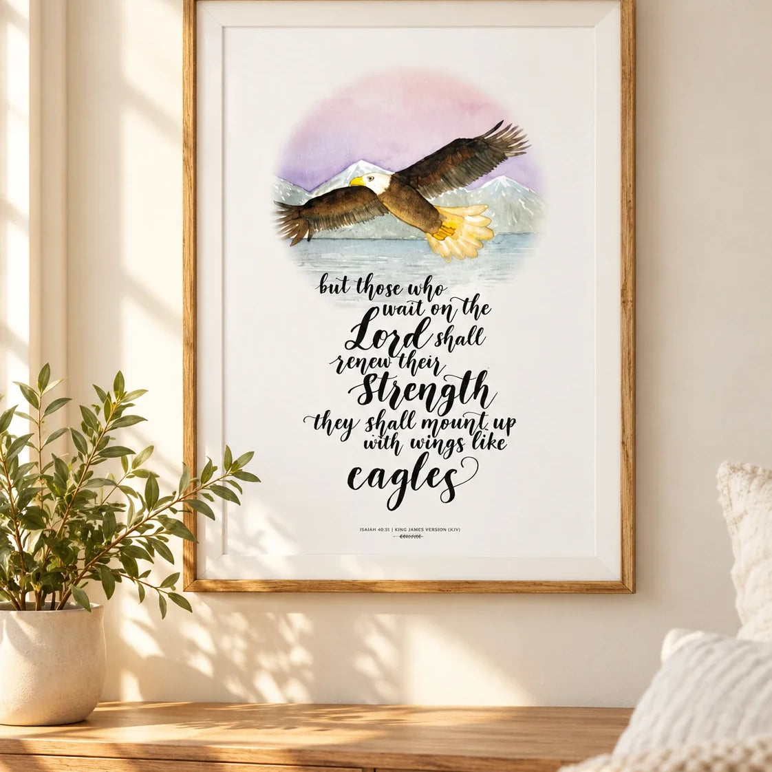Framed Eagle poster displayed in sunlit neutral living room