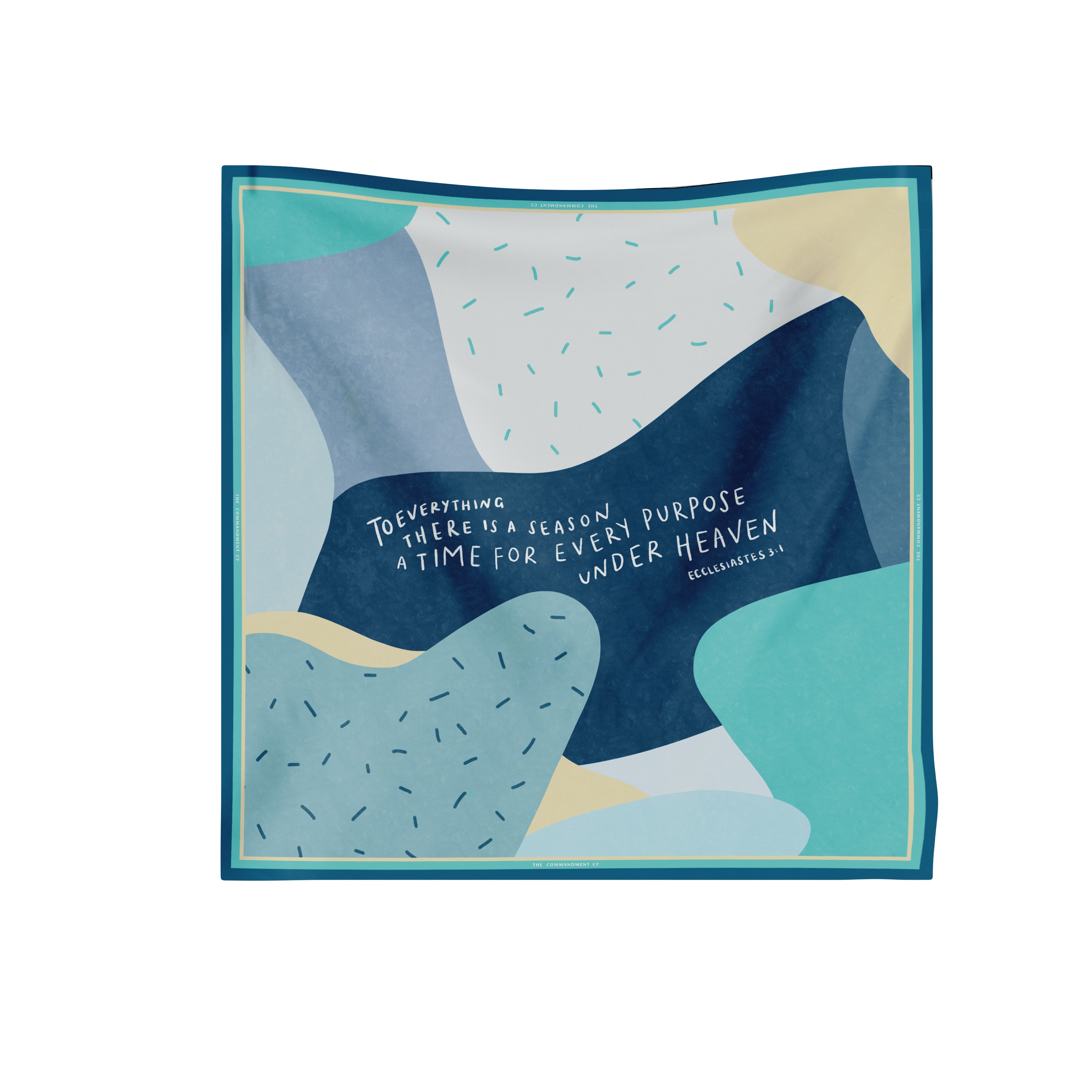 Colorful abstract scarf featuring Ecclesiastes 3:1 — “To everything there is a season, a time for every purpose under heaven” in white handwritten text; a modern Christian design by The Commandment Co.