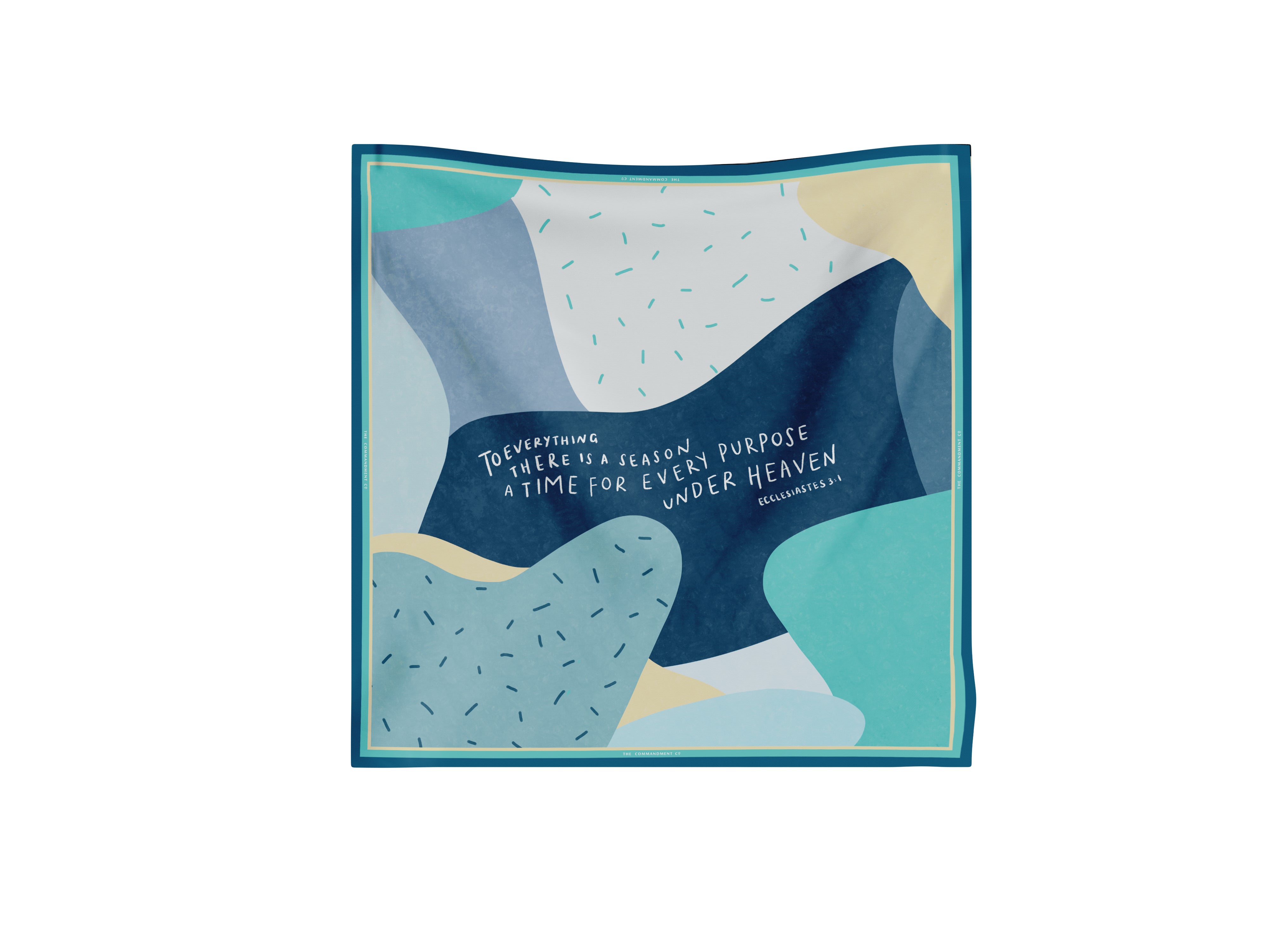 Colorful abstract scarf featuring Ecclesiastes 3:1 — “To everything there is a season, a time for every purpose under heaven” in white handwritten text; a modern Christian design by The Commandment Co.