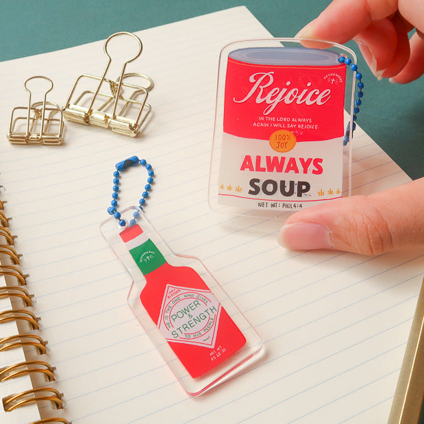 LOVE SUPERMARKET acrylic keychain collection with faith-inspired everyday-item designs.