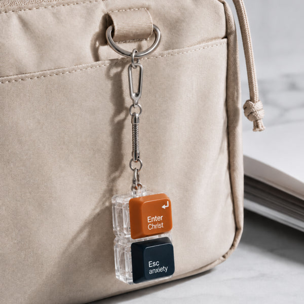 Enter Christ Esc anxiety light-up keycap keychain clipped to a beige bag