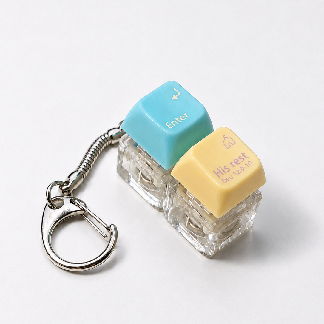 Enter His Rest double light-up keycap keychain with blue and yellow keys on a white background