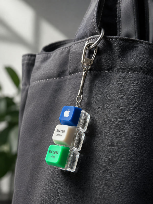 Enter Jesus Delete Sins triple keycap keychain clipped to a black tote bag