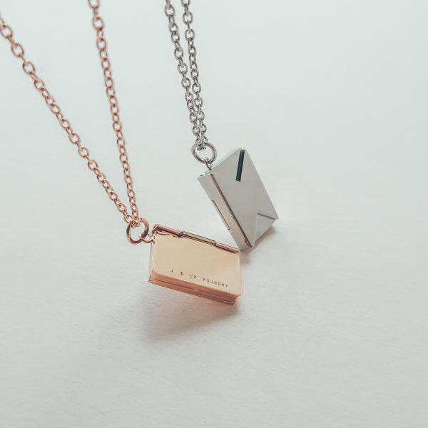 Envelope Locket personalised necklace showing the pendant and adjustable chain.