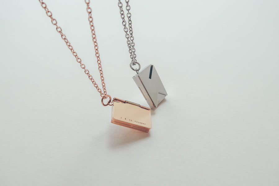 Envelope Locket personalised necklace showing the pendant and adjustable chain.