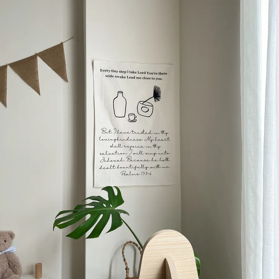 Every tiny step I take Christian wall tapestry with Psalm 13:5-6 Bible verse on cotton linen fabric