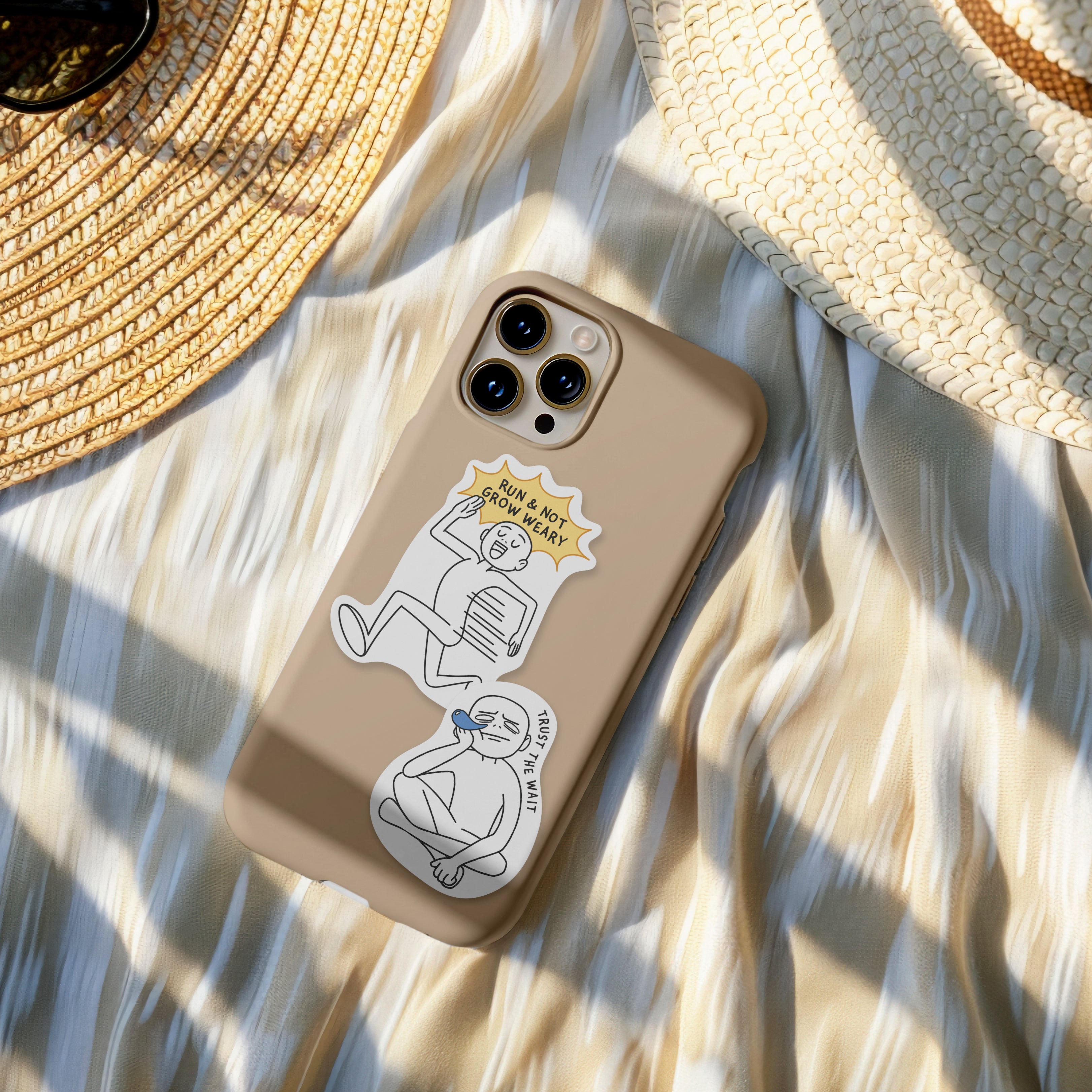 Phone case decorated with Everyday Believer stickers featuring Christian messages like "Run & Not Grow Weary" and "Trust the Wait," alongside a sun hat and sunglasses, from The Commandment Co, Singapore.