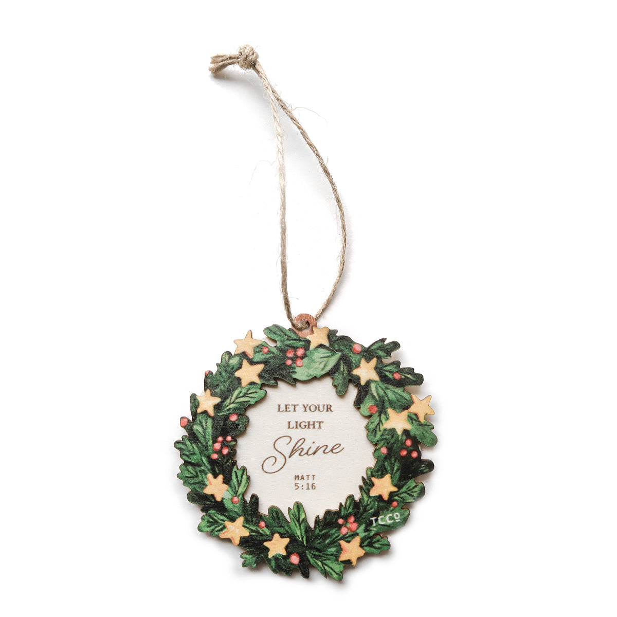 Christian Christmas ornament featuring a decorative wreath with stars and holly, displaying the verse 'Let your light shine' from Matthew 5:16, ideal for festive holiday decor or gifting.