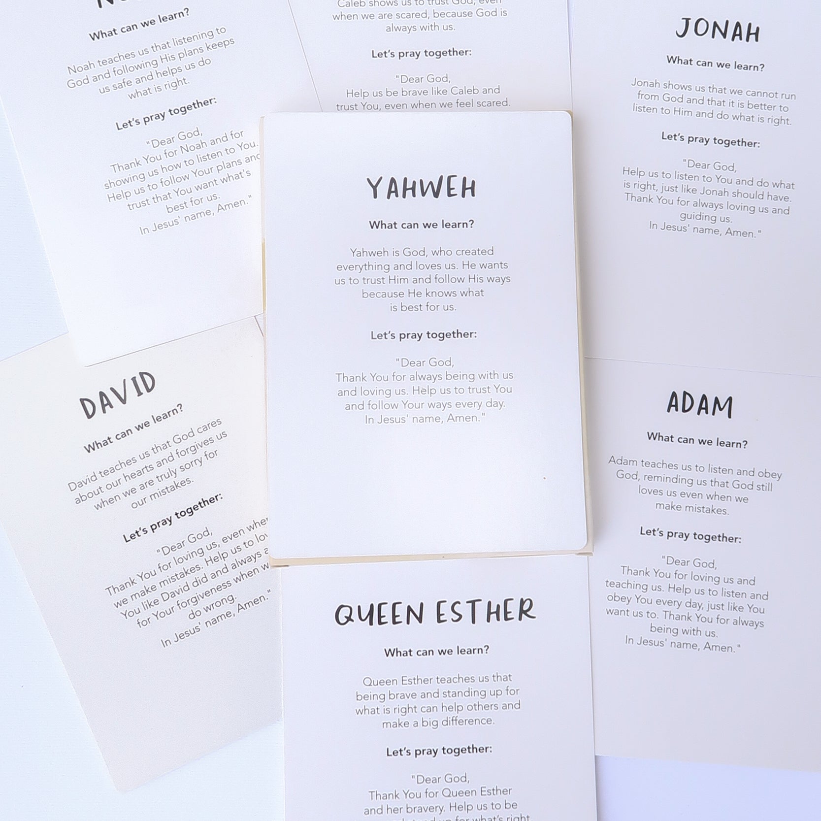 Alphabet Adventures: Bible Characters from A to Z – a Christian flashcard set for kids with colorful illustrations of biblical figures, perfect for learning and gifting.