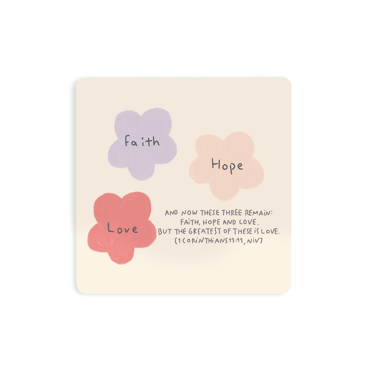 Faith Hope Love Christian wooden coaster illustrated by Moojigae Drawing.