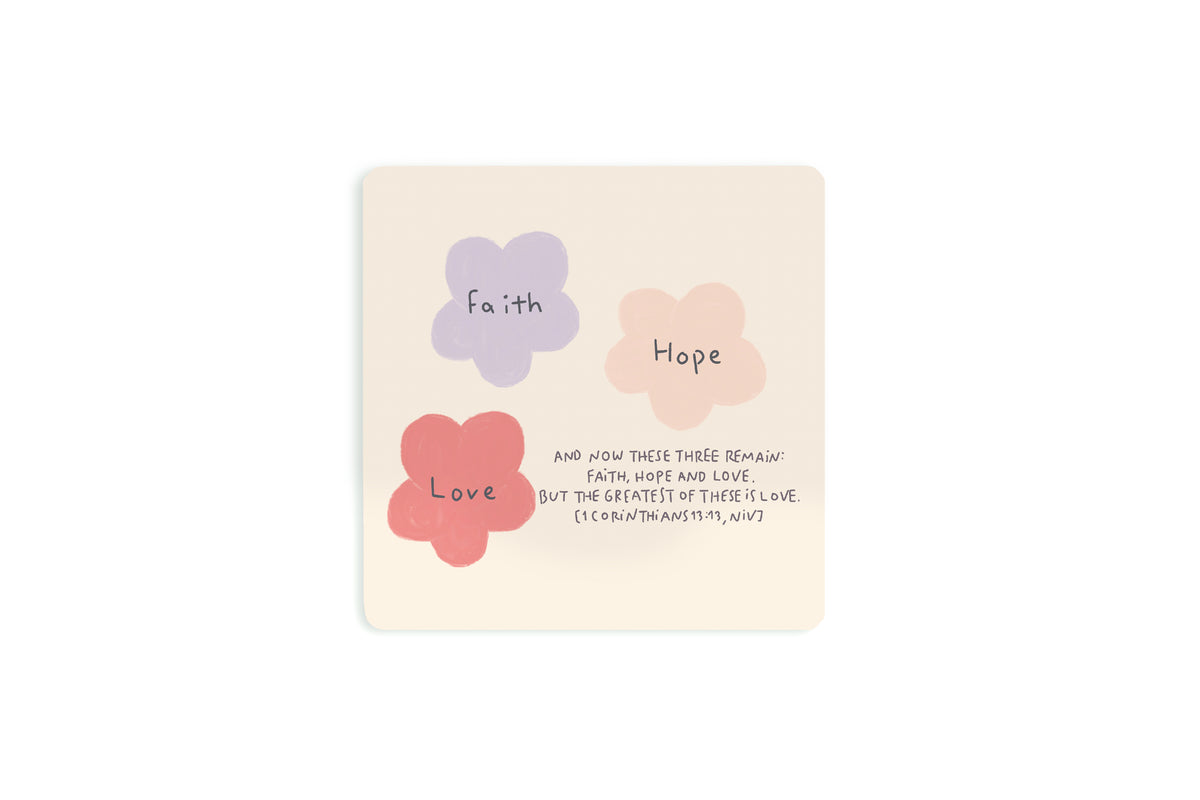 Faith Hope Love Christian wooden coaster illustrated by Moojigae Drawing.
